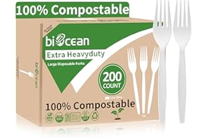 Biocean Extra Heavyduty Compostable Forks [200 Count,7In] Disposable Cutlery No Plastic Forks Large Biodegradable Utensils Eco Friendly Silverware Serving Flatware for Party,Daily Use,BBQ,Picnic