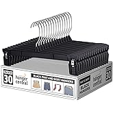 Hanger Central 30 Pack Pants Hangers – 12 Inch Slim Plastic Clothes Hangers with Clips for Skirts, Shorts & Trousers – Non Slip Grip, Heavy Duty Space Saver with Swivel Hook – Black Closet Organizer