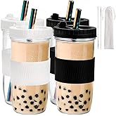 Youeon 4 Pack 24 Oz Reusable Boba Cups with Lids and Straw, Iced Coffee & Smoothie Cups, Bubble Tea & Mason Jar Style with Silicone Sleeve, BPA Free, Dishwasher Safe, 2 Colors