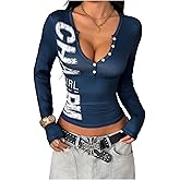 SOLY HUX Women's Graphic Tees Letter Print Long Sleeve Henley T Shirts Slim Fitted Y2k Tops