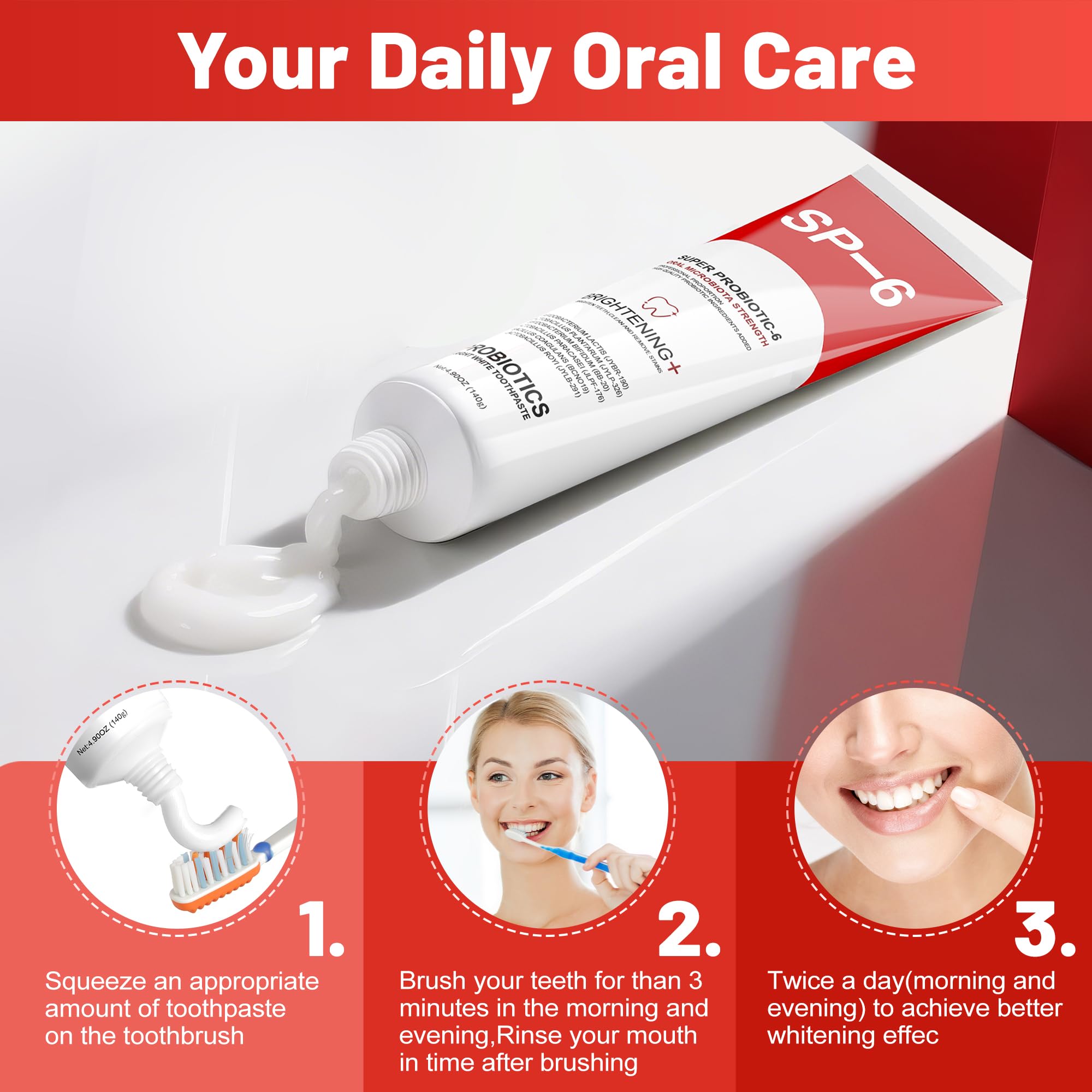 SP-6 Probiotic Whitening Zahnpasta für Zahnaufhellung und frischen Atem, 6 Probiotika-Formel für gesundes Zahnfleisch, fluoridfrei, minzig-frischer Geschmack, 145 ml (2 Packung) (2) 5