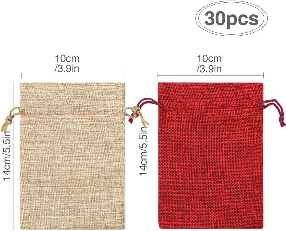 30PCS 10CM*14CM Small Hessian Bags Cotton Muslin Bags Reusable Mesh Bag with Drawstring Jute Bag for Jewellery Birthday Party Christmas(Wood Colour and Red) - Image 3