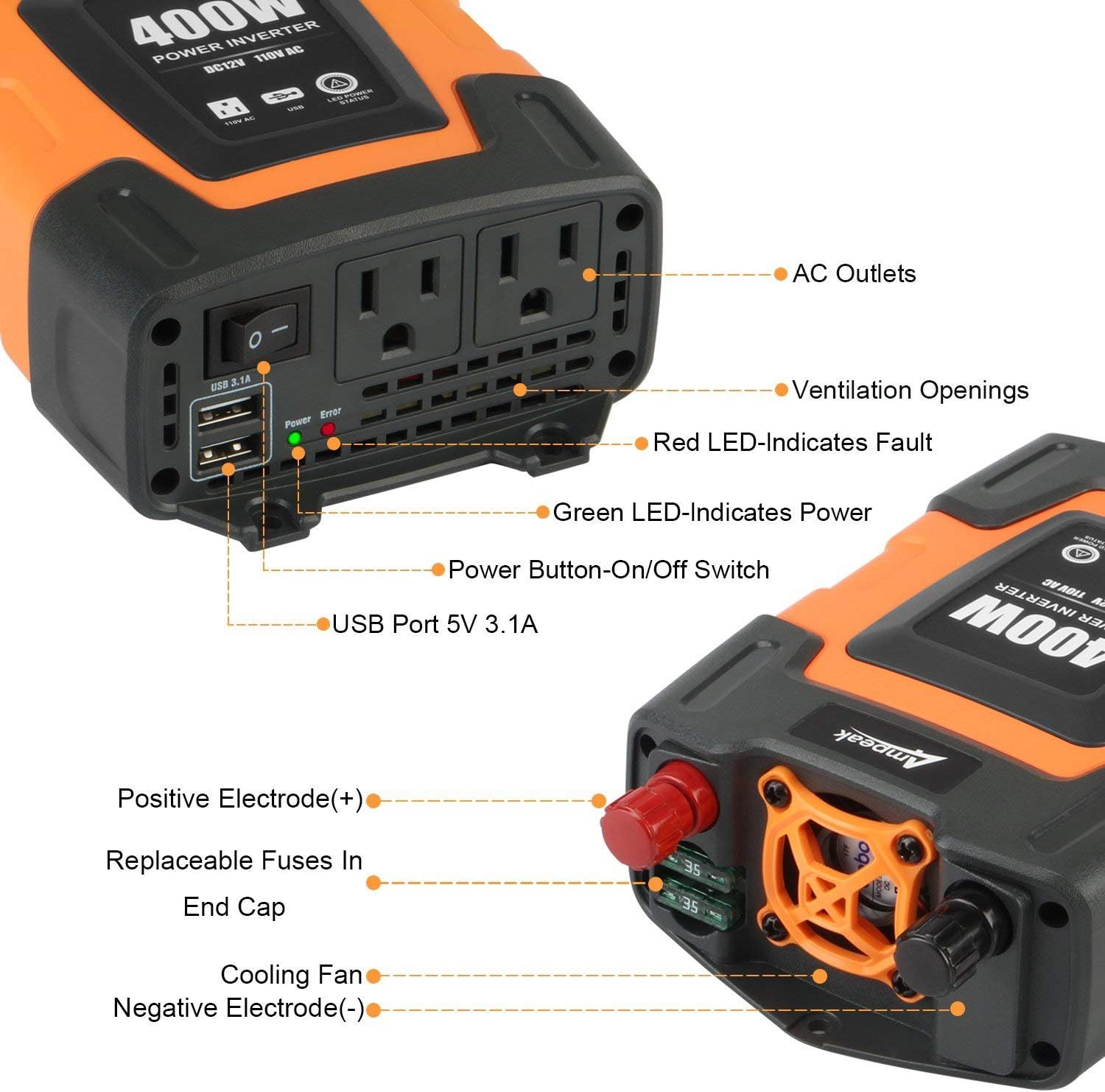 Ampeak 400W Power Inverter DC 12V to 110V AC Car Inverter with 3.1A Dual USB Converter: Car Electronics