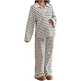 MakeMeChic Women's Maternity Fall Outfits Striped Long Sleeve Collar V Neck Blouse and Pants 2 Piece Sets