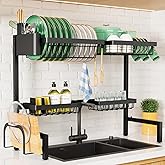 Kitsure Adjustable Over The Sink Dish Drying Rack, 26.8" -33.9"x21.5" | Sink Drying Rack for Kitchen Sink, Dish Rack Over Sink with Cutlery &amp; Utensil Holders, Kitchen Storage, Black
