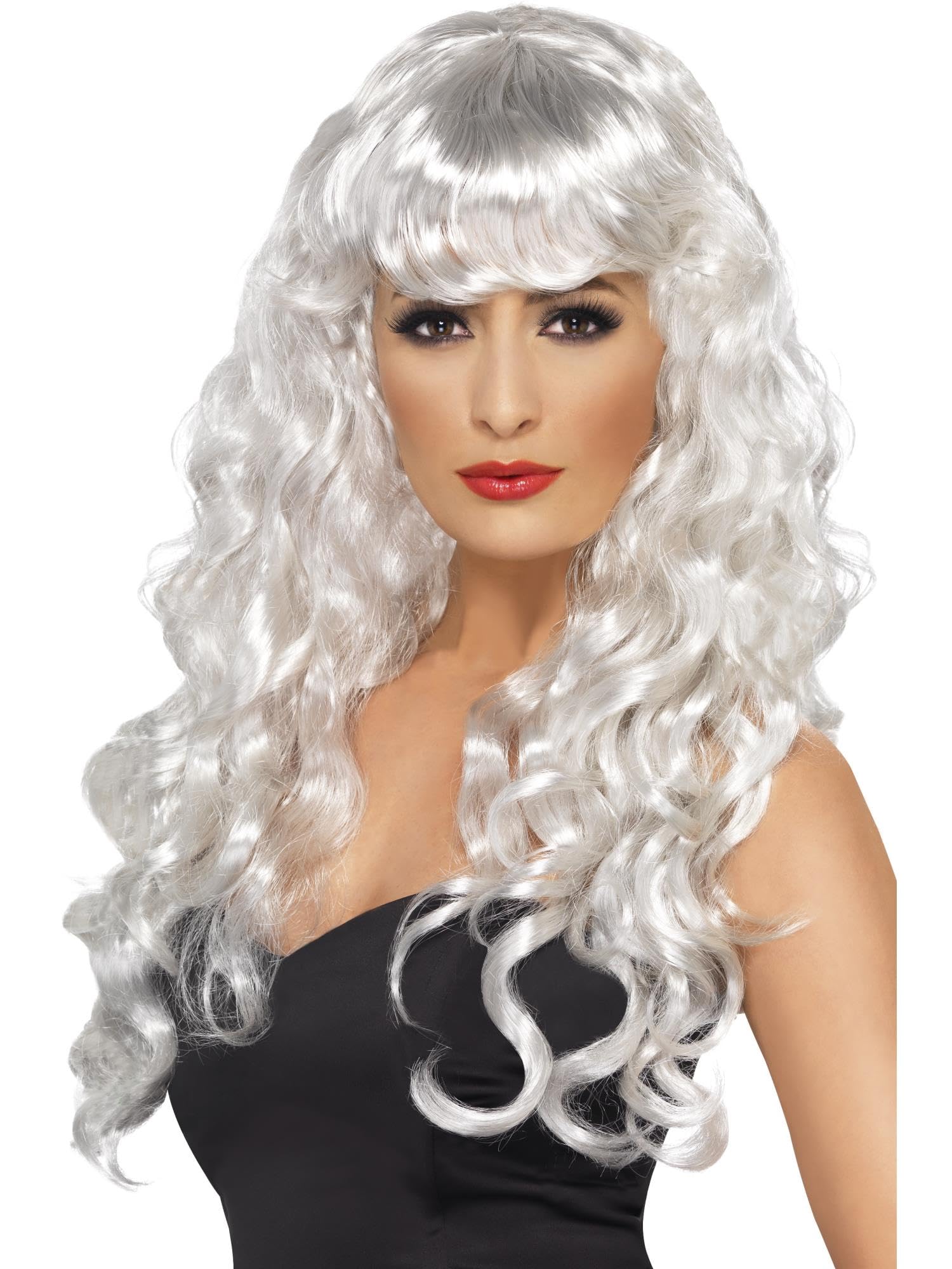 Smiffys Siren Wig, White Long, Curly with Fringe, Ladies Glamour Wigs Fancy Dress, Adult Dress Up Wigs Halloween