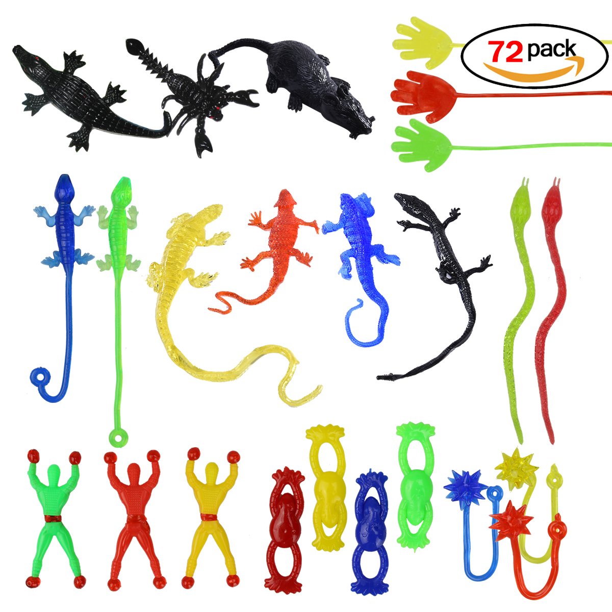 72 x sticky jouet gluante mélange de jouets collantes petit cadeau l\'anniversaire d\'enfant strechy, élastique, amusant couleurs vives - Mains, Escalade murale Homme, Marteaux, Serpents, Grenouilles volantes, Lizards, Scorpions, souris noi