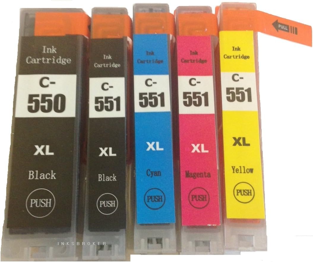 1 set of 5 Multipack Compatible Ink Cartridges for use with Canon Pixma MG5450 Also Comaptible with Canon Pixma iP7250, Canon Pixma MG6350, Canon Pixma MX925 Printers - Replaces Ref PGI-550BK, CLI-551BK, CLI--551C, CLI-551M, CLI-551Y, Double Capacity, High Quality Chipped Ready to Use, NON-OEM