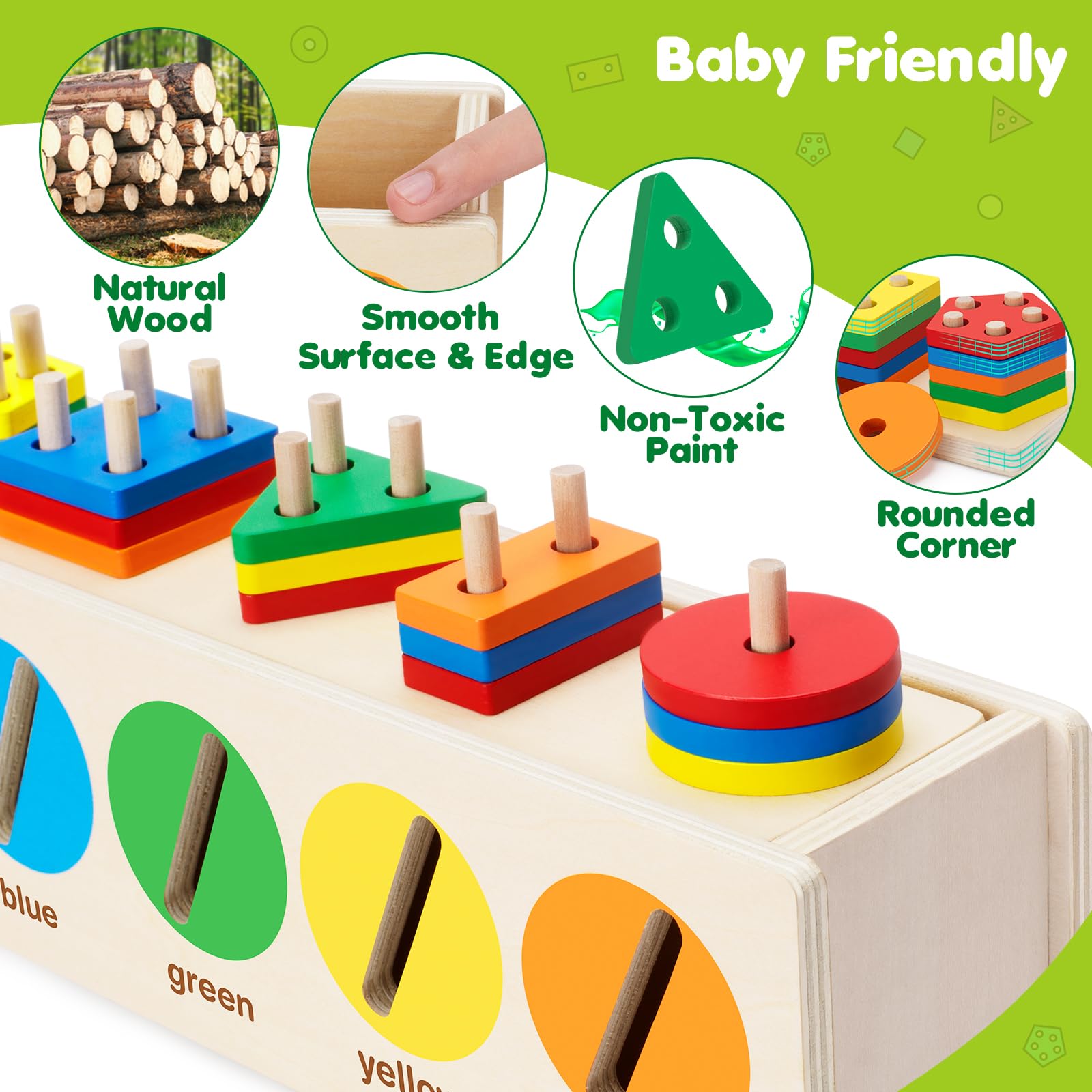 VOpitos Montessori Toys for Toddler 1+ Year Old, Wooden Color & Shape Sorting Matching Box