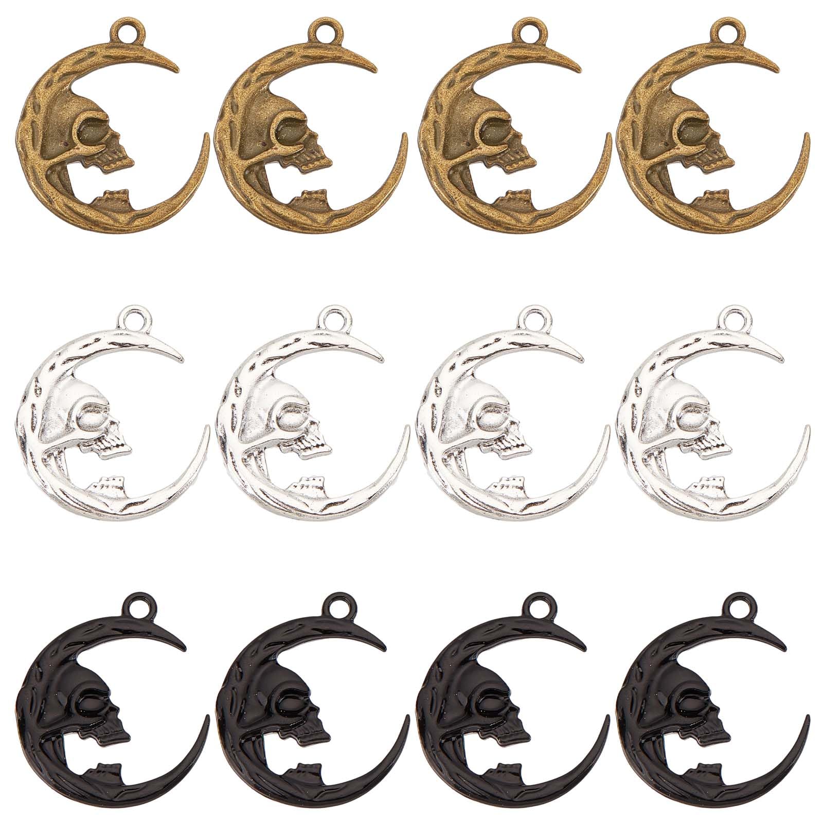 SUNNYCLUE 1 Box 30Pcs Gothic Style Moon Charms Skull Charm Double Sided Crescent Moon Skeleton Head Charms Halloween Black Metal Charms for jewellery Making Charm DIY Necklace Earrings Keychain Craft
