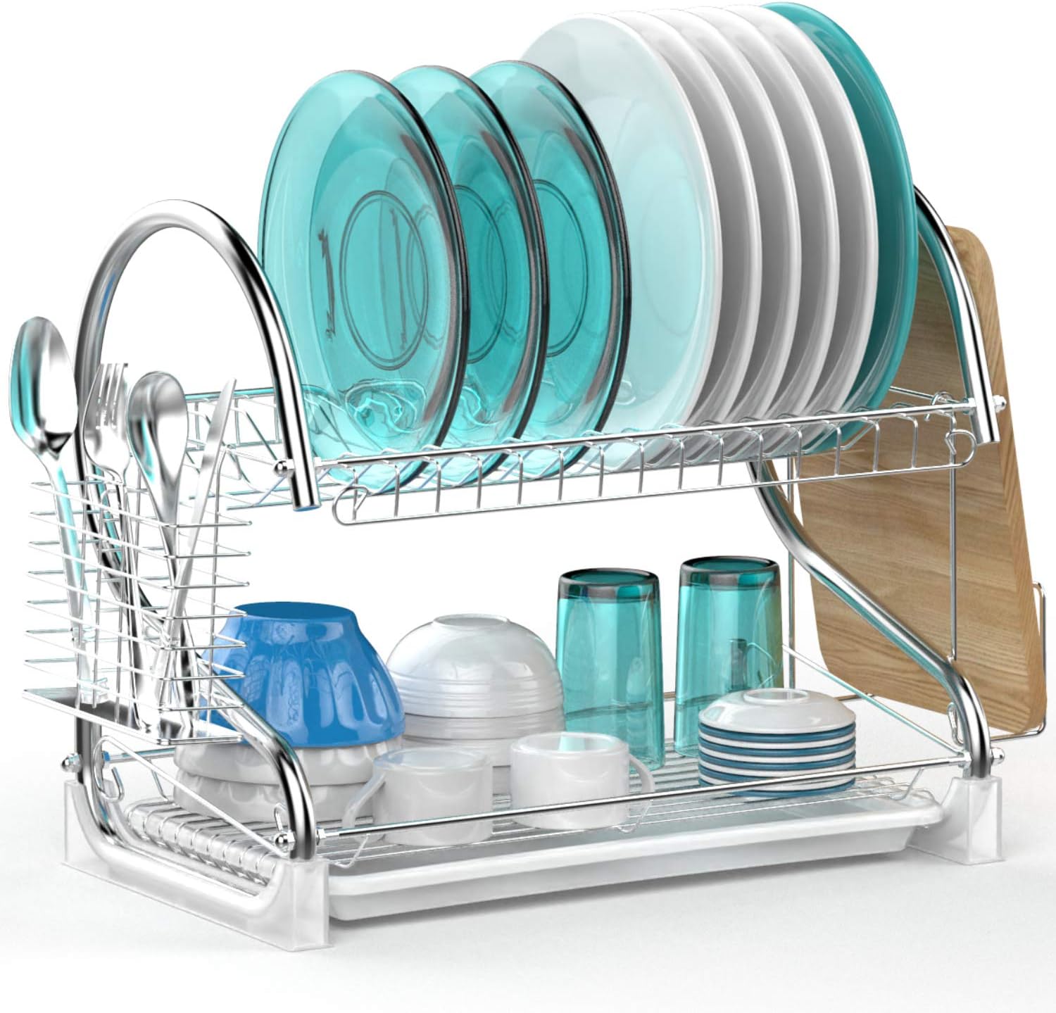 Dish Drying Rack, Veckle 2 Tier Dish Rack with Removable Drain Board Dish Drainer Utensil Holder, Cutting Board Holder for Kitchen Countertop, Silver