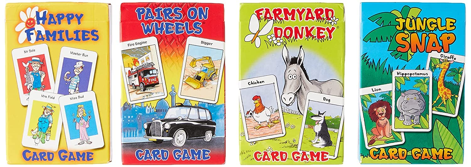 Cartamundi 4 x Kids Card Games-Farmyard Donkey, Happy, Jungle Snap & Pairs On Wheels, Family Friendly, Age Four+, Multicolour