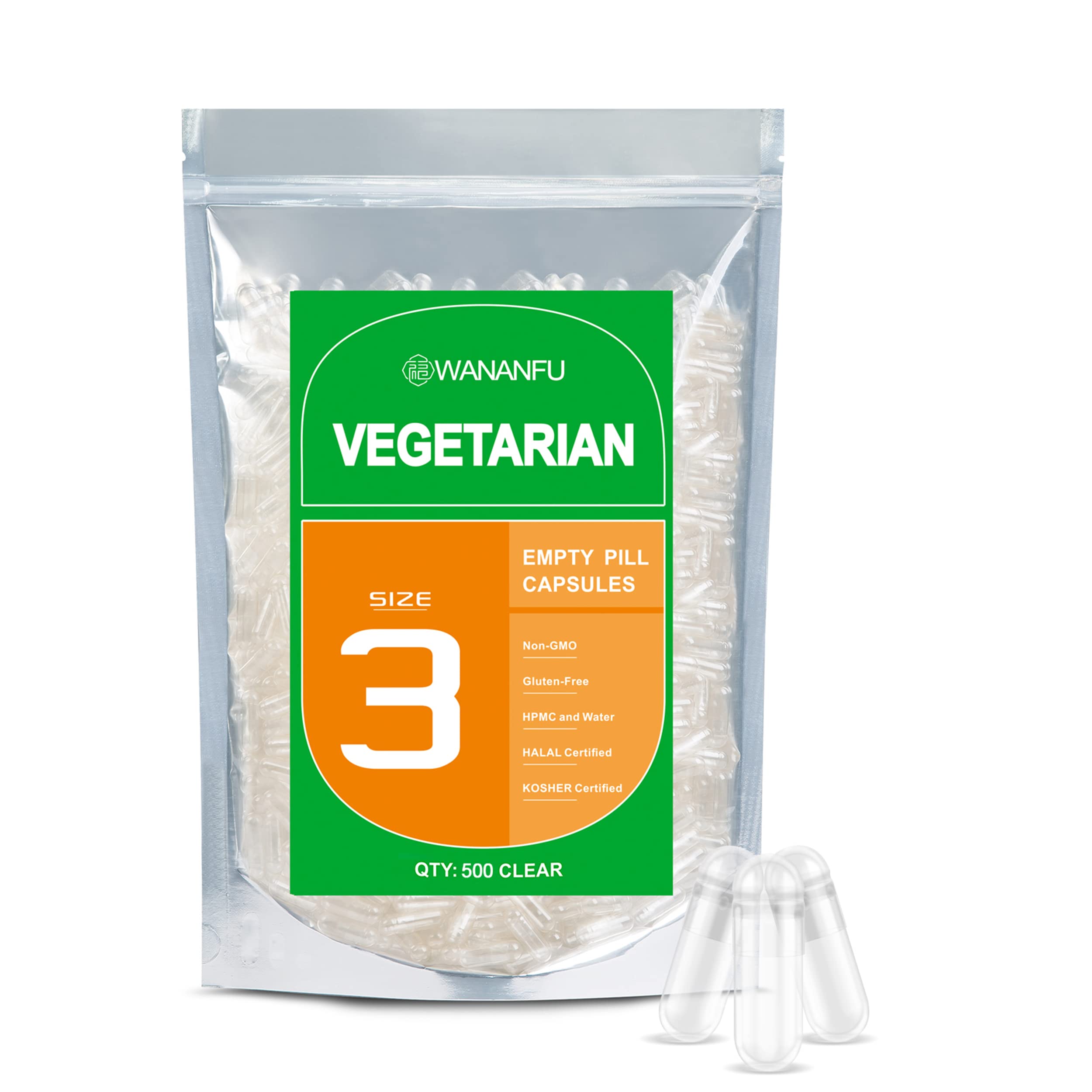 WANANFU Size 3 Empty Capsules Vegetarian (500 Count), Compatible with Capsule Filling Machine Size 3