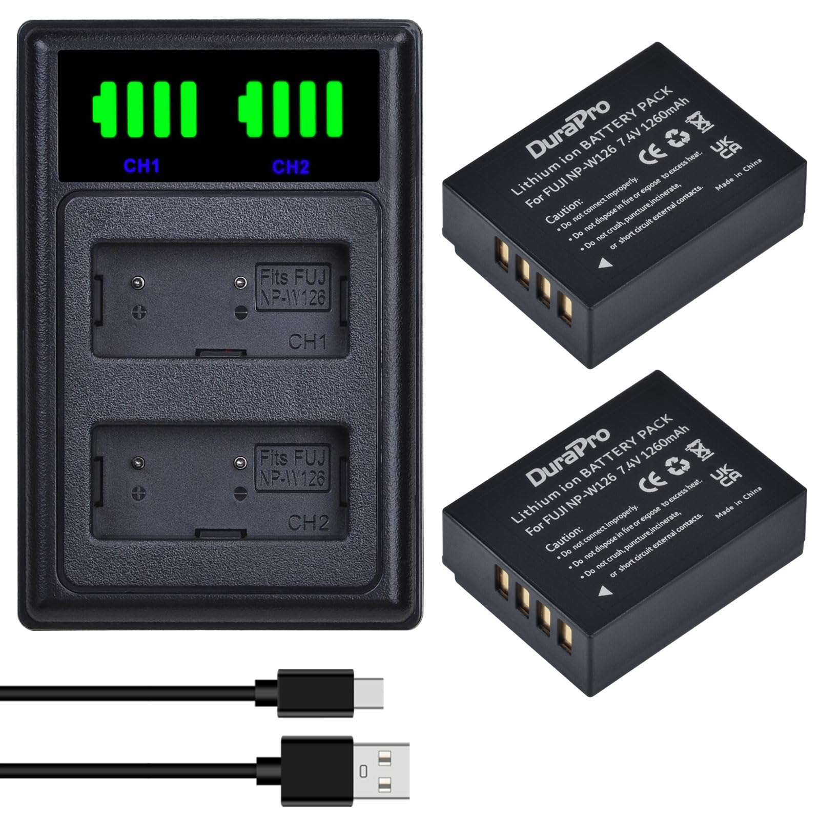 DuraPro 2X NP-W126 NP W126 NP-W126S Battery + LCD Dual USB Charger for Fujifilm NP-W126 NP-W126s FinePix X100F X-A5 X-A7 X-A10 X-H1 X-M1 X-Pro1 X-Pro2 X-Pro3 X-T3 X-T10 X-T20 X-T30 X-T100 X-T200