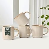 MONITO 16Oz Coffee Mugs Set of 4, Rustic Ceramic Coffee Cup Set with Handle | Vintage Striped Stoneware Large Coffee Mugs for Latte, Cocoa, Tea, Milk, Microwave &amp; Dishwasher Safe, Bonbon Beige