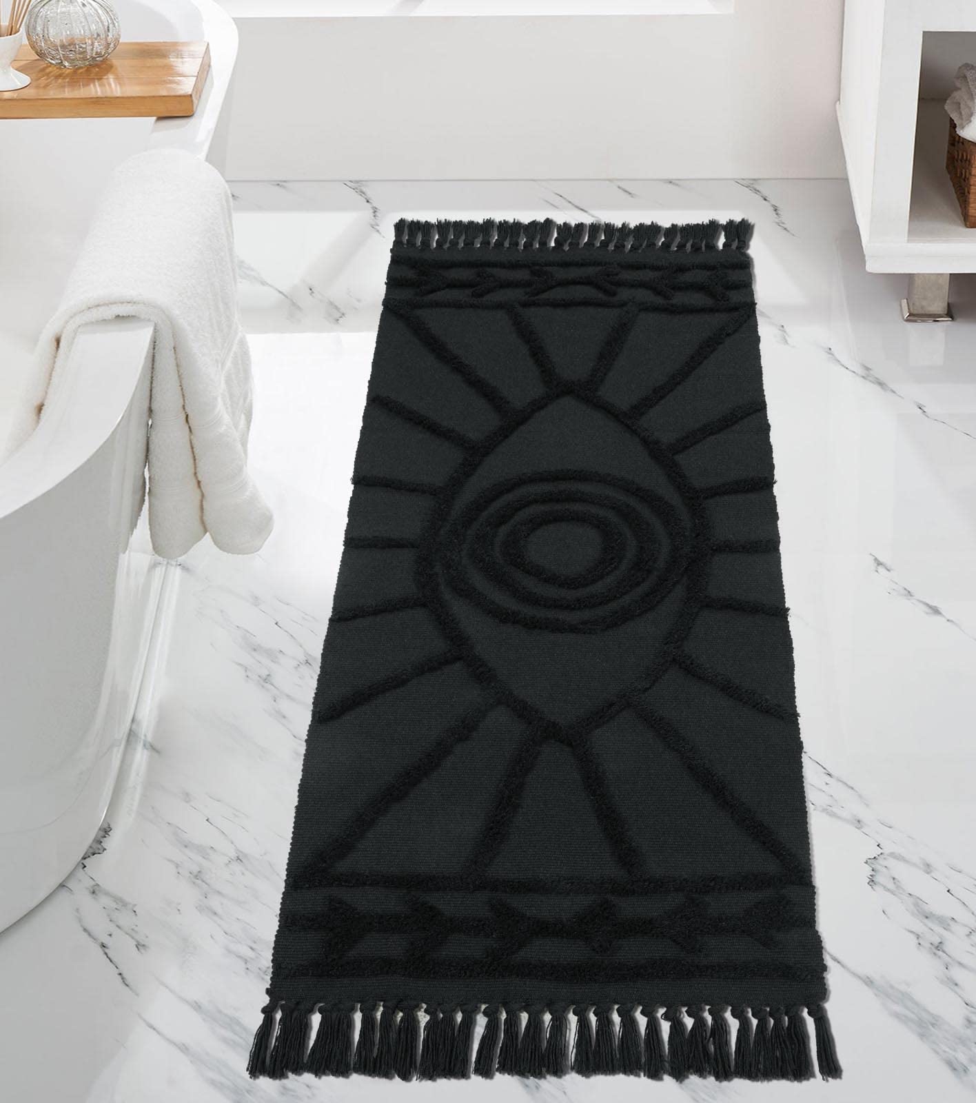 Photo 1 of Uphome Kitchen Rug 2'x4.3' Washable Evil Eye Tufted Bathroom Runnner Rug with Tassels Soft Cotton Woven Boho Rug Farmhouse Aesthetic Dark Gray Accent Mat for Bedroom Entryway Laundry Room Porch