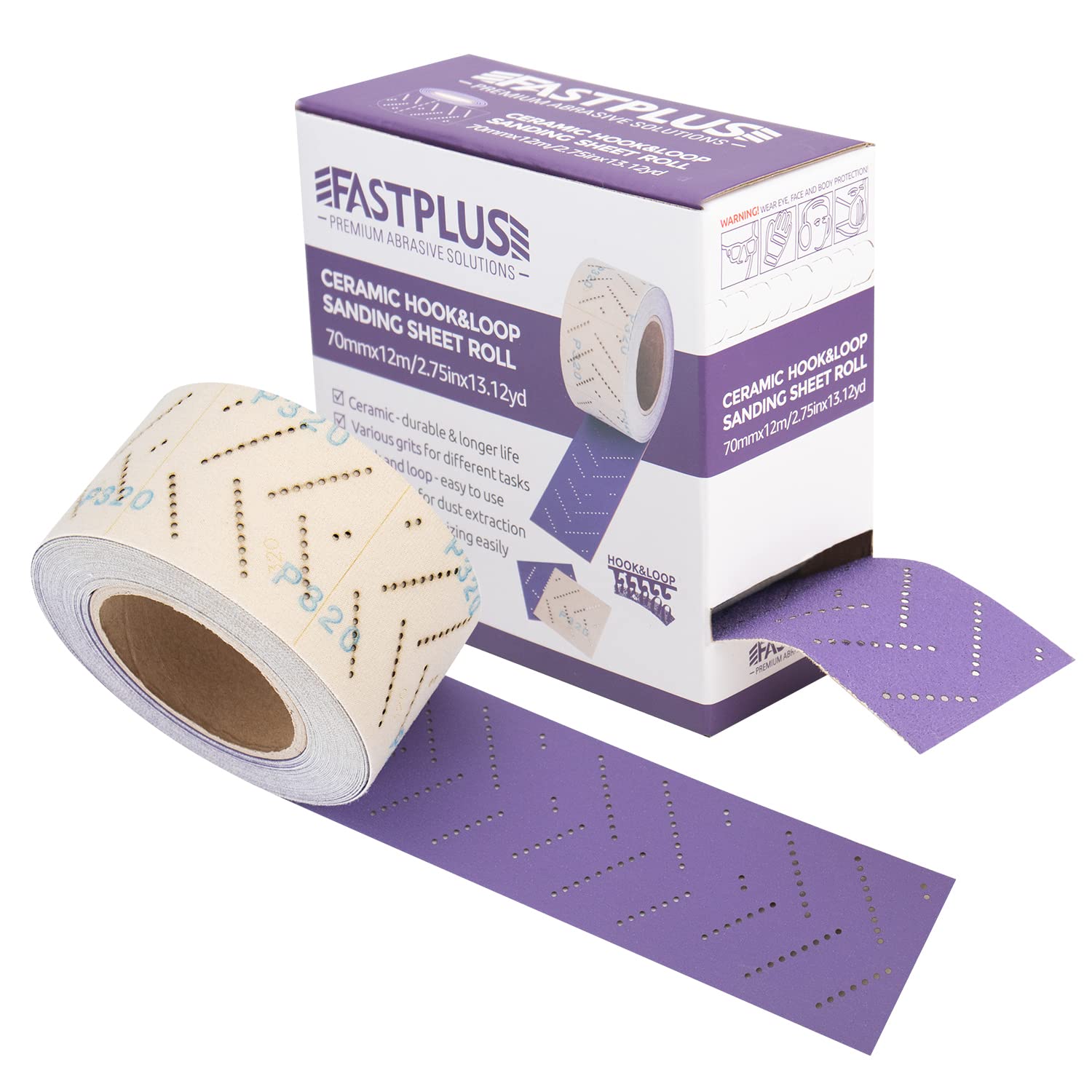 FASTPLUS Abrasive Sheet Roll, Purple Ceramic Automotive Sandpaper Roll,Multi-Hole, 70 mm x 12 m Rectangular Hand Torn Sandpaper for Wood Sanding,Coating Removal,Body Repair,320 Grit