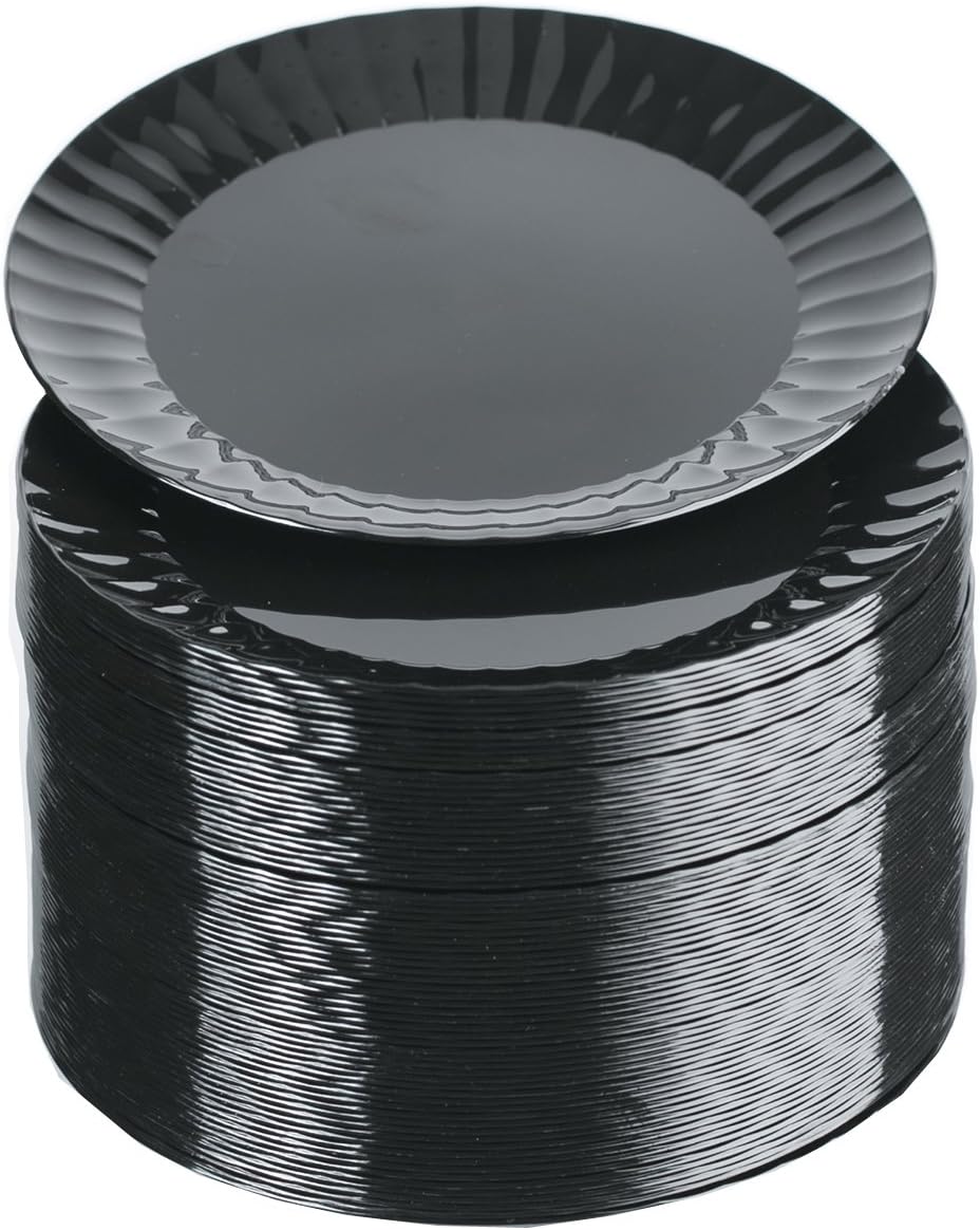 Party Essentials Deluxe Quality Hard Plastic 70 Count Round Party/Dessert Plates, 6-Inch, Black