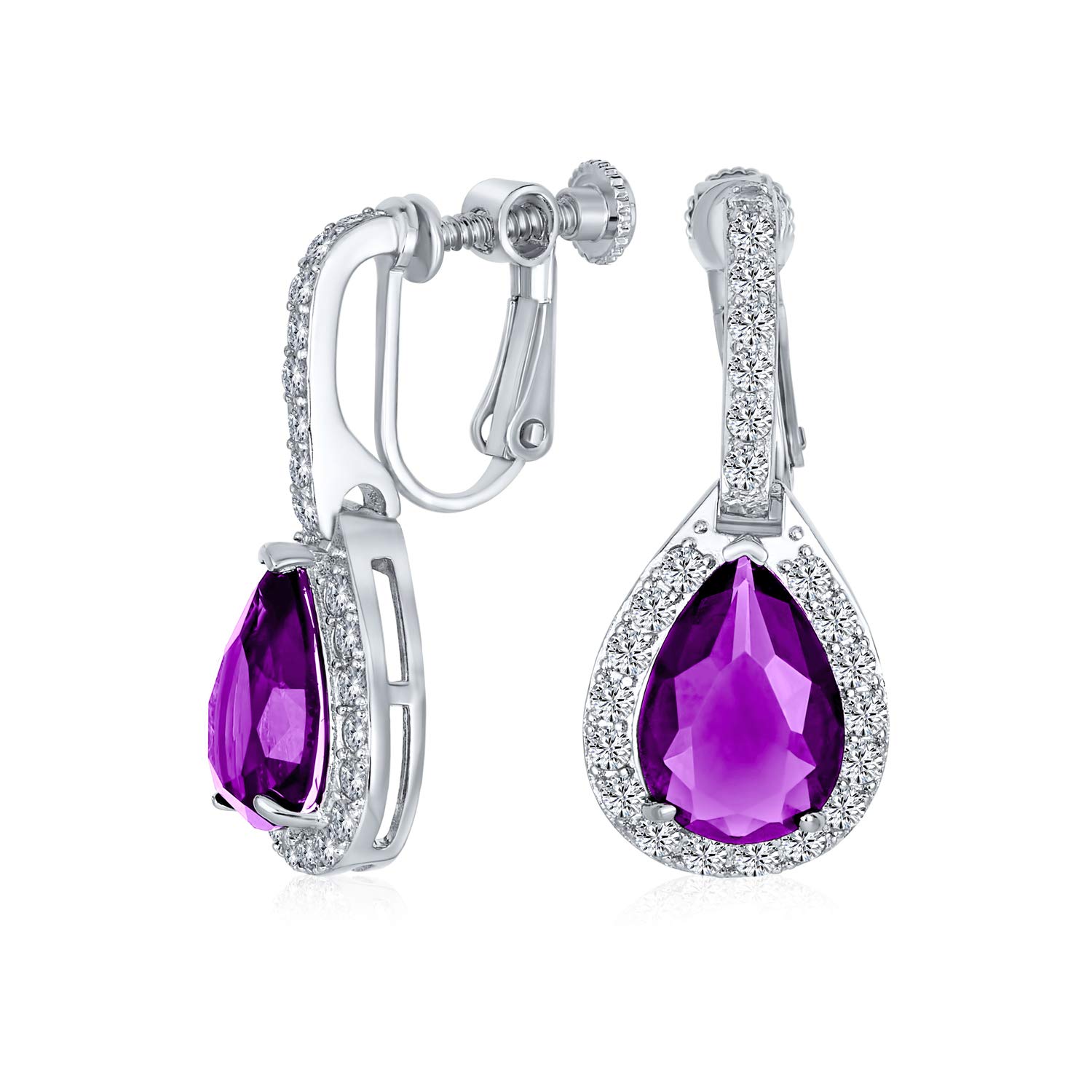 Vintage Style Halo Simulated Purple Amethyst Cubic Zirconia AAA CZ Fashion Dangle Drop Teardrop Screw Back Clip On Earrings For Women Prom Bridesmaid Wedding Silver Plated — image 1