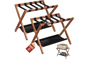 BETSEO Luggage Rack (Pack of 2) Folding Suitcase Stand with Storage Shelf, for Guest Room, Suitcase Stand, Hotel, Bedroom, Heavy-Duty, Holds up to 130 lbs, Upgraded Wood Foldable Suitcase with 5 Nylon Straps