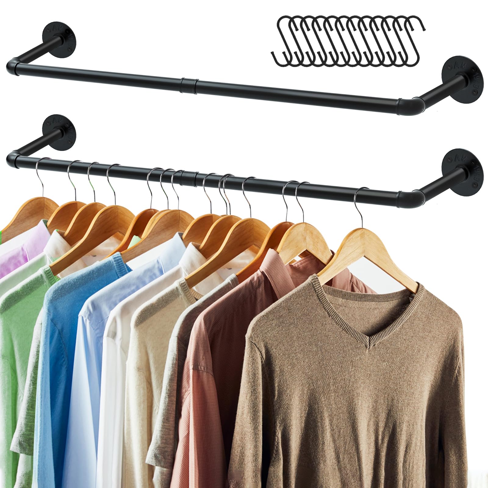 Photo 1 of ***(PARTS ONLY/ MISSING PARTS/ NON FUNCTIONAL)***ERYTLLY Industrial Pipe Clothes Rack 36.2”, 2 Set Multi-purpose Wall Mounted Iron Garment Rod,Heavy Duty Detachable Hanging Clothes Rack for Closet Rod (Black,2 Base)