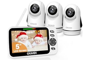 OKAIDI Video Baby Monitor with 3 Cameras, 5" Display Baby Monitor No WiFi, 30H Battery and 1000ft Range, Remote Pan-Tilt-Zoom Baby Camera, 2-Way Talk, 8 Lullabies, Baby Monitor for Baby Pet Elderly