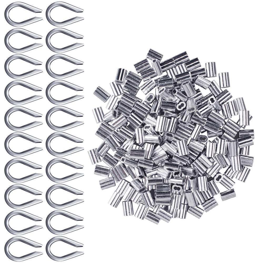 Aluminum Sleeves Clips 200 Pcs for Wire Rope 2mm Diameter Cable Thimbles Rigging Aluminium Double Ferrules Cable Crimps + 20 pcs M2 304 Stainless Steel Thimble(Silver Tone)