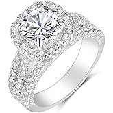CEJUG 18K White Gold Plated Cubic Zirconia Halo Engagement Promise Eternity Rings for Women Wedding Bands Bridal Ring Set Size 6-10