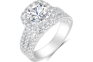 CEJUG 18K White Gold Plated Cubic Zirconia Halo Engagement Promise Eternity Rings for Women Wedding Bands Bridal Ring Set Size 6-10