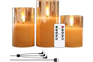 GenSwin Rechargeable LED Flameless Flickering Glass Candles with Remote Timer, Battery Operated Pillar Candles Long Lasting Gold Real Wax USB Candle (D 3”×H 4”5”6”)