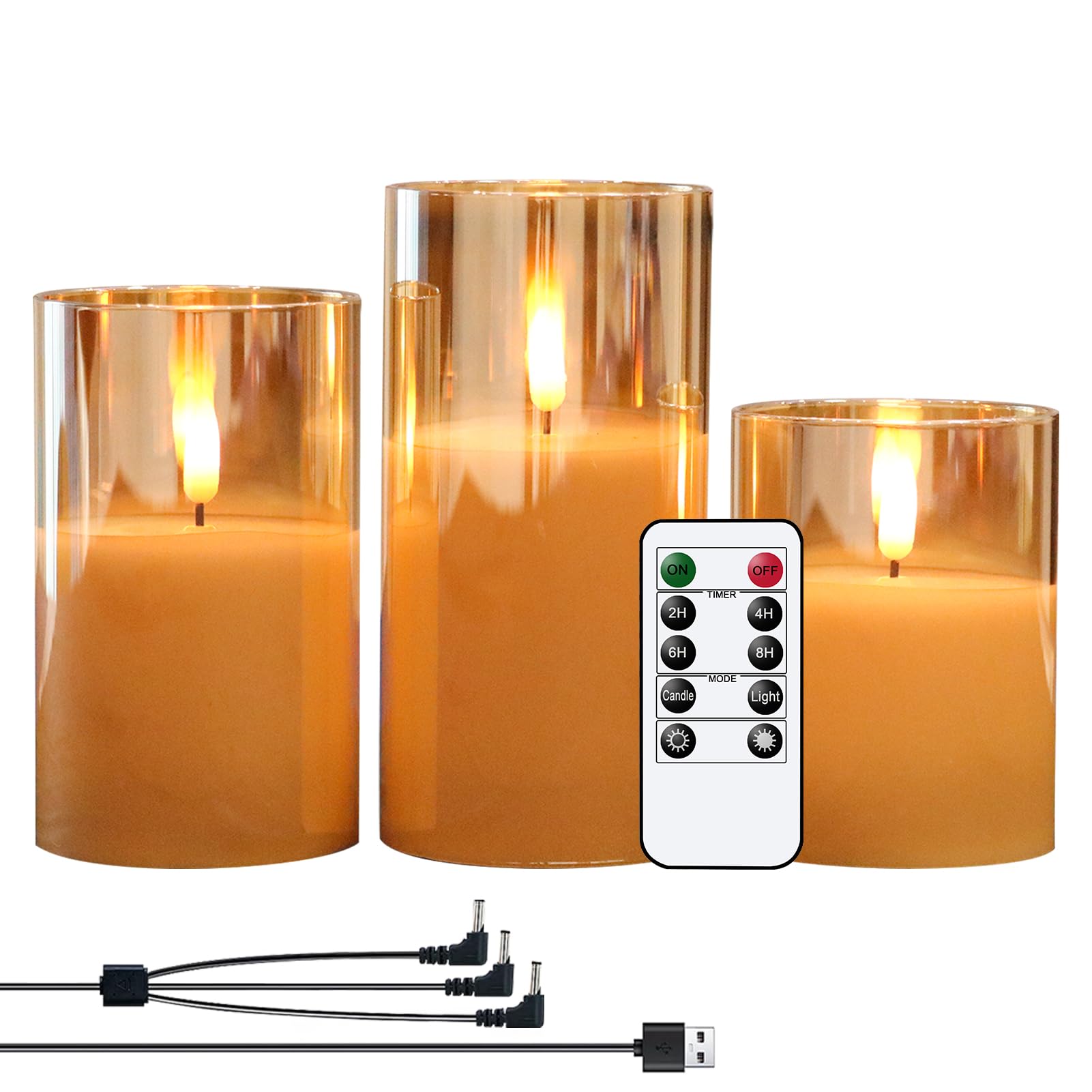 Photo 1 of GenSwin Rechargeable LED Flameless Flickering Glass Candles with Remote Timer, Battery Operated Pillar Candles Long Lasting Gold Real Wax USB Candles (D 3”×H 4”5”6”)