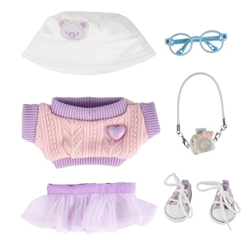 17cm Doll Clothes Outfit - Baby Doll Clothes Set, Dolls Clothes Purple, Gift for Kids, Outfits with Glasses Camera Shoes Skirt Hat, for Girls, Easy to Dress and Remove