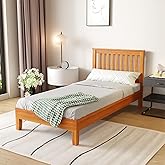PayLessHere Wood Platform Bed Frame Twin Size Solid Wood Bed Frame with Headboard Wood Slats Support No Box Spring Needed Easy Assembly,Brown