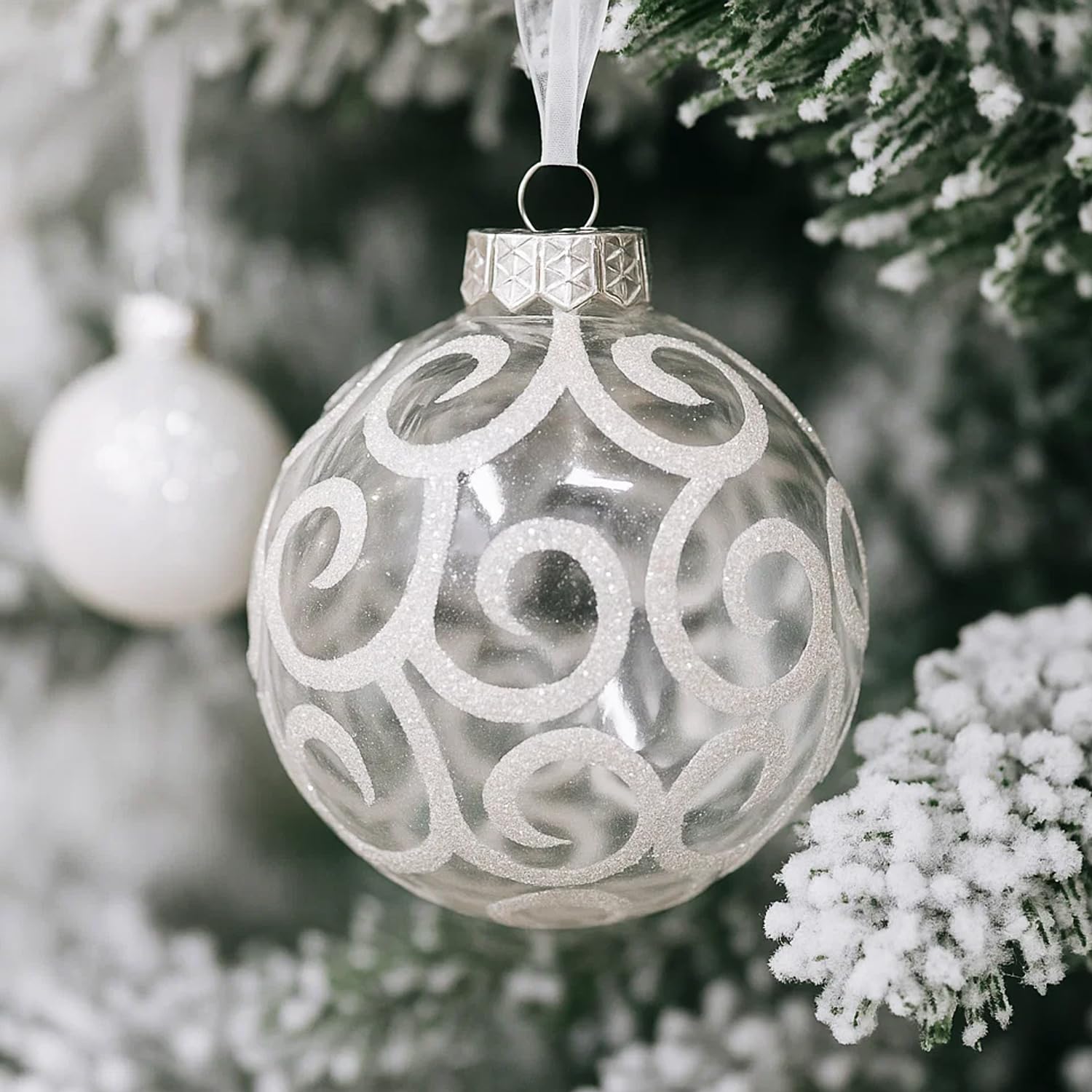 SLEETLY 28pk White Swirl Transparent Clear Bauble Ornaments for Farmhouse Christmas Tree Holiday Xmas Decorations - Large Shatterproof Plastic 80mm Baubles, Icicles and Snowflakes