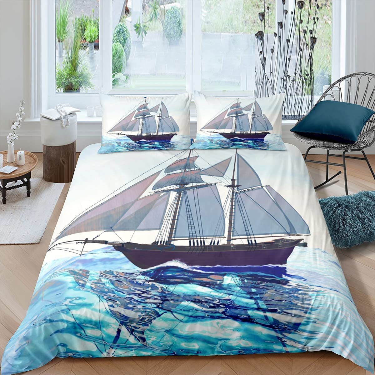 Nautical Bedding Set Sailboat Bedding & Linen for Kids Boys Girls Teens Oceand Duvet Cover Breathable Sea Adventure Bedding & Linen Blue Quilt Cover King Size