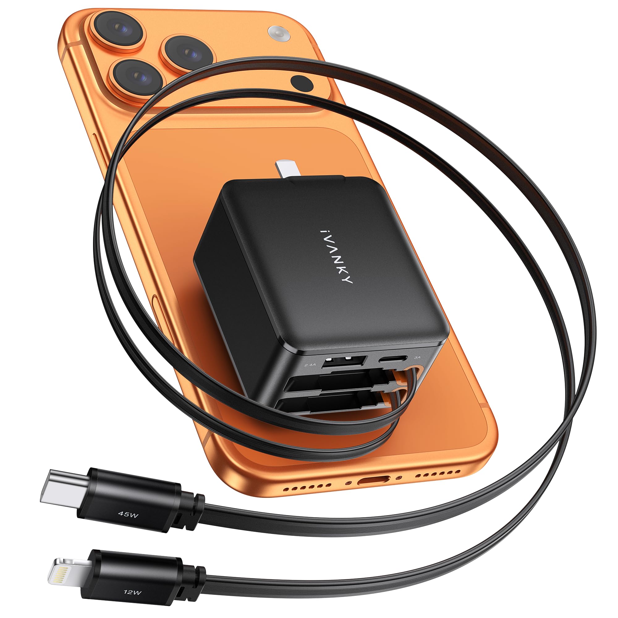 Photo 1 of 4-in-1 Retractable GaN 45W Wall Charger Plug for iPhone 17, Travel Essentials Brick Multiport Dual 31.5" Cables (USB C+Lightning) Adapter Fast Charging Block for iPhone 16/15/14/13/12, iPad, Galaxy