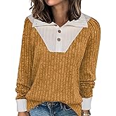 LOVESHOOT Women's Long Sleeve Shirts Spring Dressy Casual Loose Collared Tops Fashion Color Block Soft Button V Neck Pullover