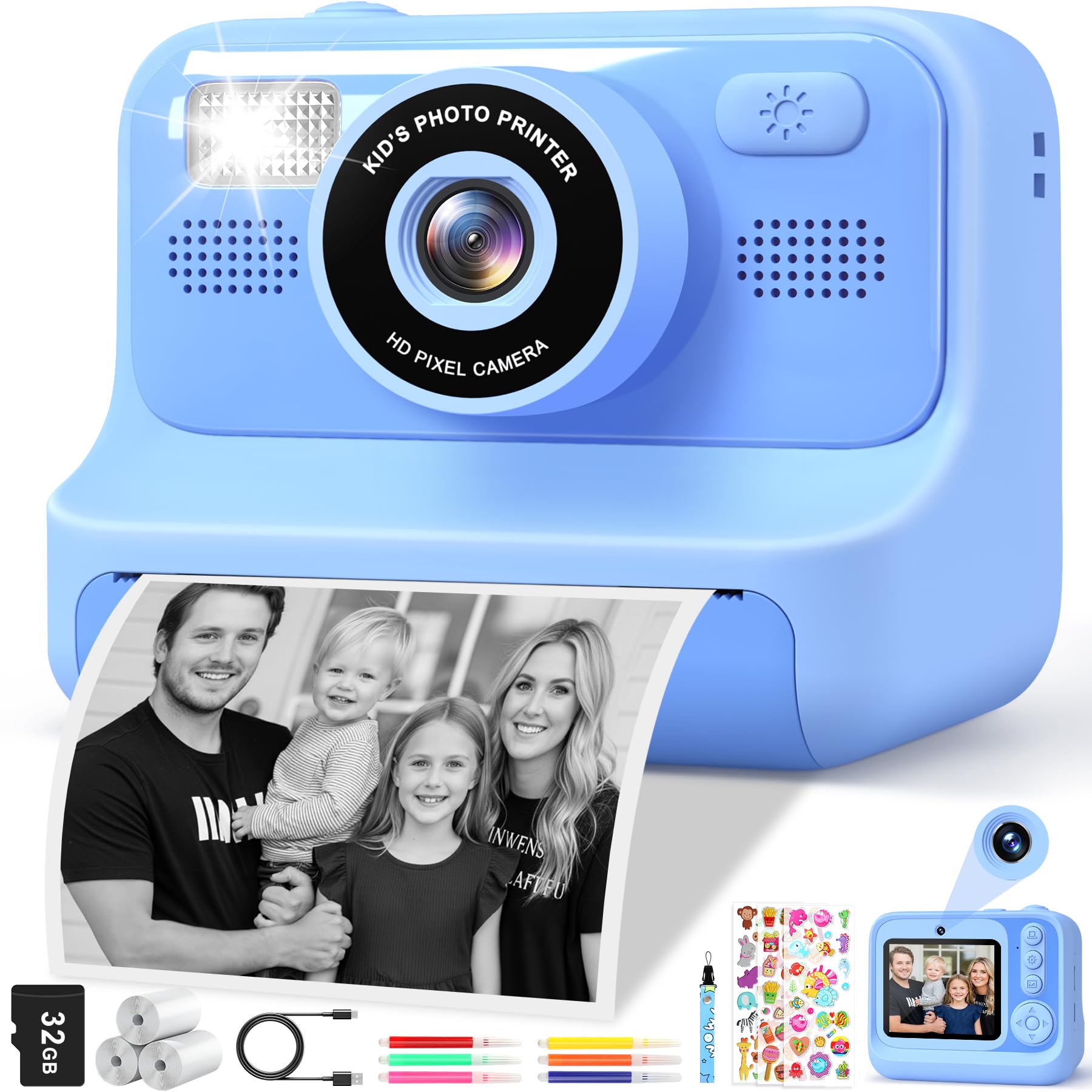 Subtail Kids Camera Instant Print - 2.4'' Instant Camera for Kids with 32GB Card | 3 Rolls Print Paper - 1080P Selfie Kids Digital Cameras - Birthday Kids Toys Gifts for Girls Boys Aged 3-12 - Blue