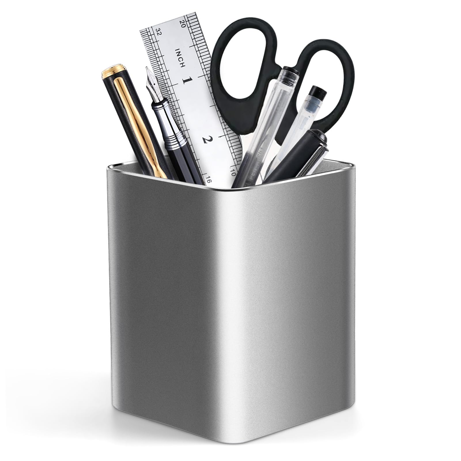 RQB Metal Pen Holder for Desk Square Aluminum Desktop Organizer and Makeup Brush Holder Storage Box for Office, School, Home, and Kids, Non-slip silicone 4×3.15inch-Gray