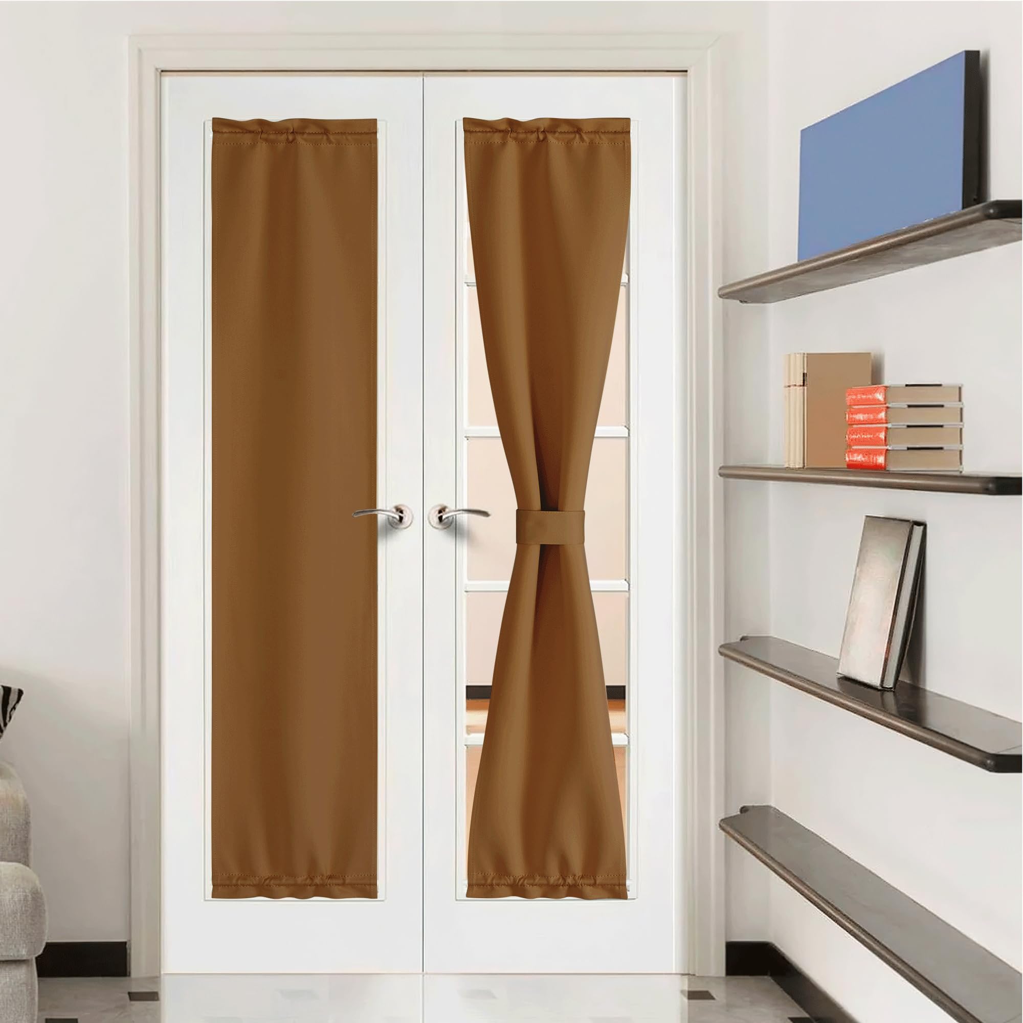 Photo 1 of NICETOWN Glass Door Curtain for Kitchen - Window Thermal Insualted Curtain Solid Energy Efficient Rod Pocket for Metal French Patio Door Panel with Tieback, 12 x 72 inches, Gold Brown, 1 Piece