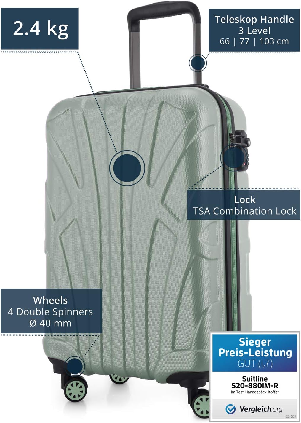 Suitline - Hand Luggage, Cabin Trolley, Hardshell Suitcase, 100% ABS, 55 cm, 34 liters, Mint, 55 cm (S) - Image 3