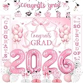 Bow Graduation Party Decorations 2026 Congrats Grad Backdrop, Banner, Class of 2026 Hanging Swirls Honeycomb Centerpieces,Balloons Congratulate Party Decor for 2026 Graduation Party Supplies