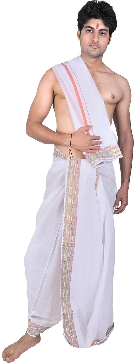 exotic india plain dhoti and angavastram set with woven border