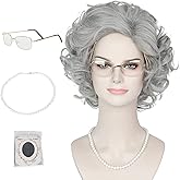 Yan Dream Short Curly Grey Old Lady Wig Old Women Grandma Wig with Granny Glasses Necklace for Cosplay Halloween