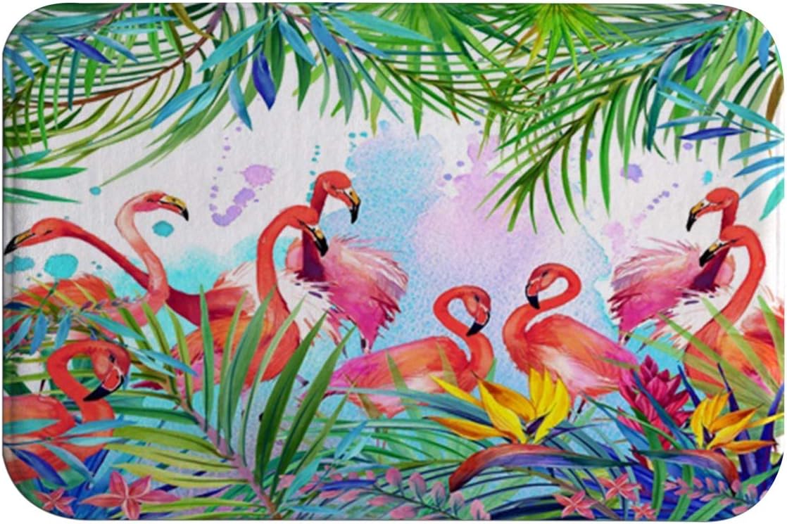 Flamingo Bath Mats, Flamingos with Tropical Palm Leaves Flannel Absorbent Super Soft Non Slip Bath Rug for Bathroom Kitchen Floor Carpet, 24L x 16W Inch, Pink Green (Flamingo)