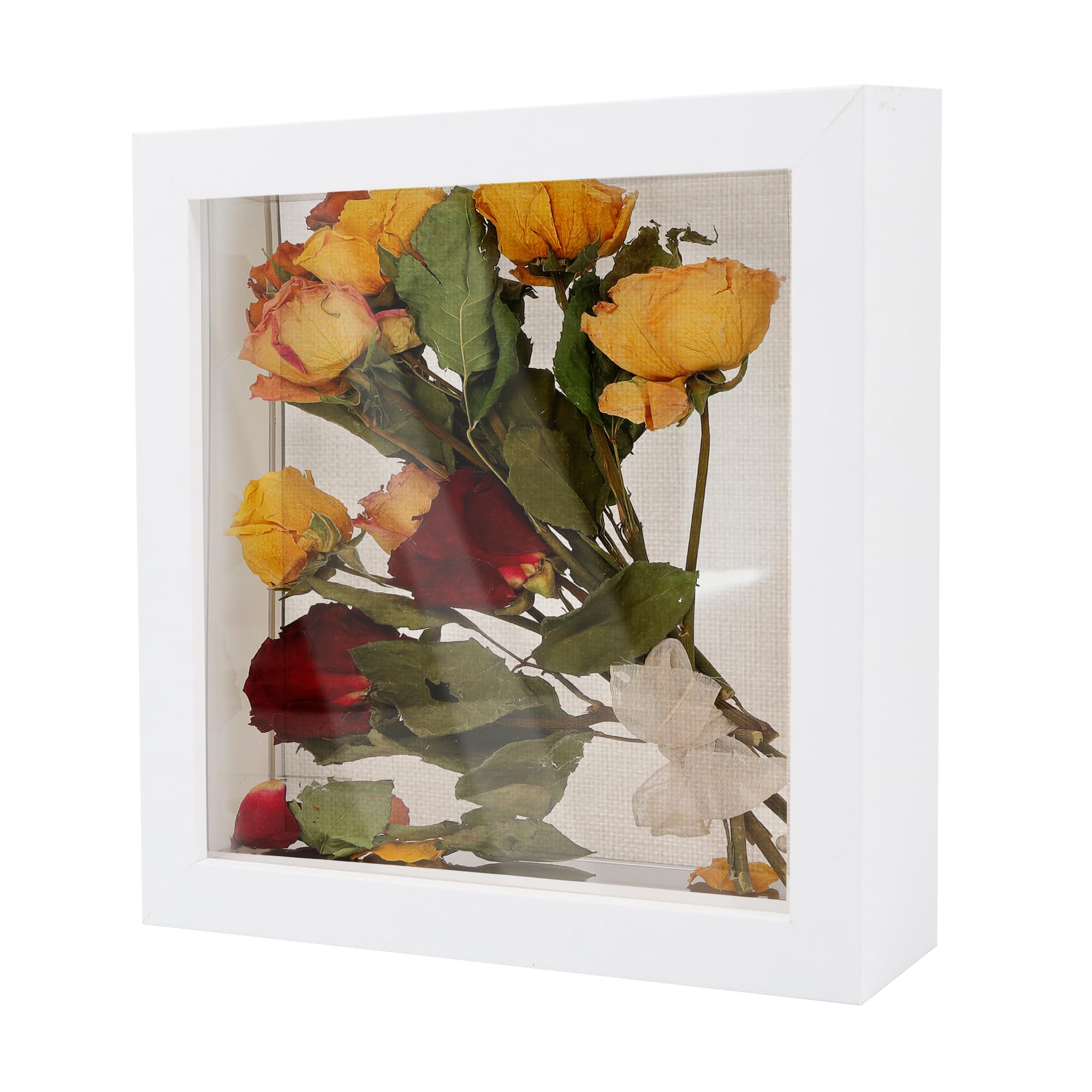 GraduatePro 8x8 White Shadow Box Frame 20x20 cm Deep Picture Frame with Linen Back for Crafts 3D Deep Black Bouquet Flower Case Picture Memorabilia Memory Wooden Tabletop and Wall Hanging