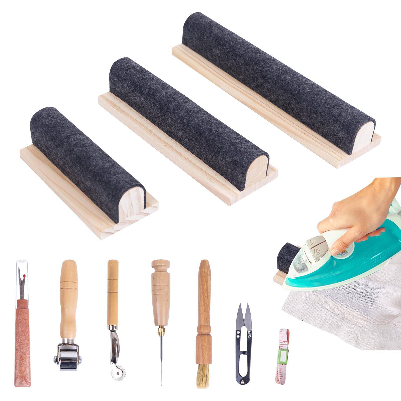 Photo 1 of 10pcs 3 Size Tailors Clapper Set for Quilting,Includes Another 7 Basic Sewing Tools,Wooden Tailors Tool,7, 9.5, 12 Inch Clapper Sewing Tool for Steam Iron Seam Sewing Quilting Ironing Machine