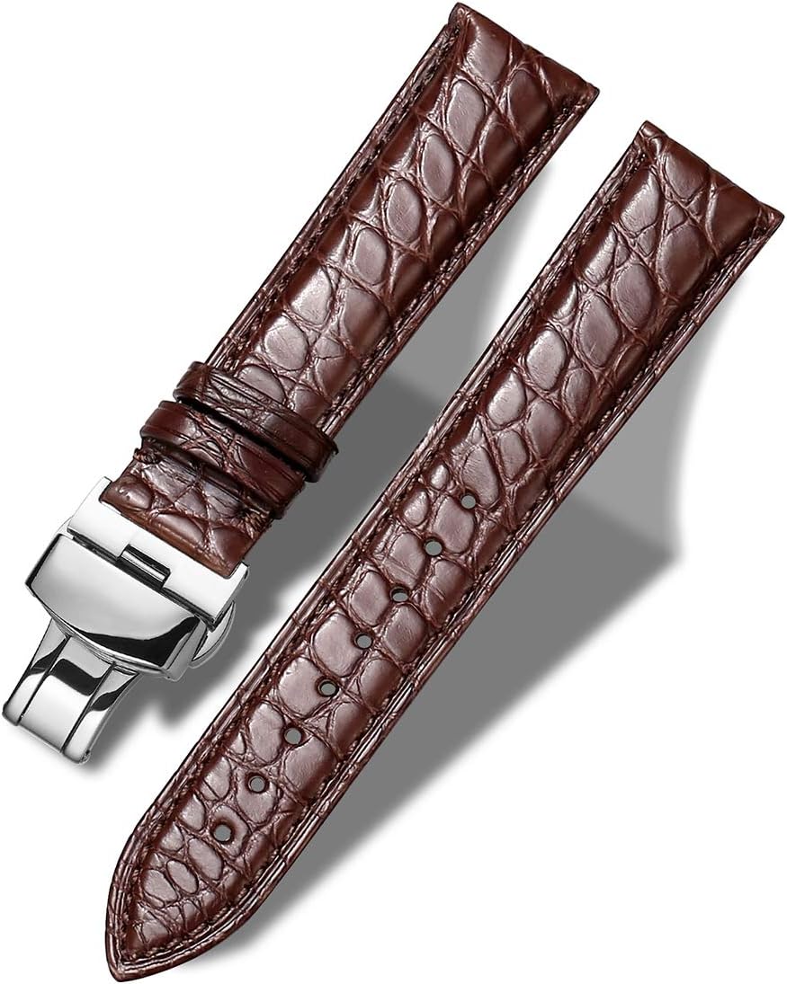 MUENShopAlligator Leather Watch Strap with Deployment Clasp,12mm-24mm Black Brown Crocodile Replacement Strap Deployment Polished Watch Band for Men Women