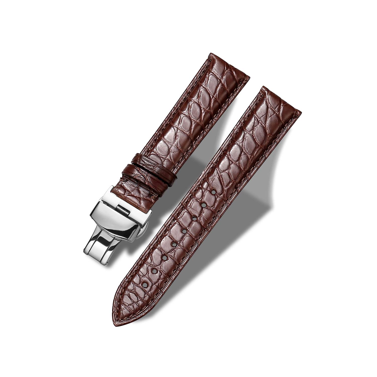 MUENShop Alligator Leather Watch Strap with Deployment Clasp,12mm-24mm Black Brown Crocodile Replacement Strap Deployment Polished Watch Band for Men Women