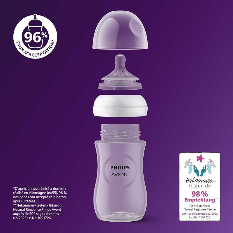 AVENT Kit biberons Natural Response : 2 biberons 260 ml avec tétines T3 (1 mois et plus), 4 sucettes Ultra Air, motif animaux aquatiques (modèle SCD837/13)